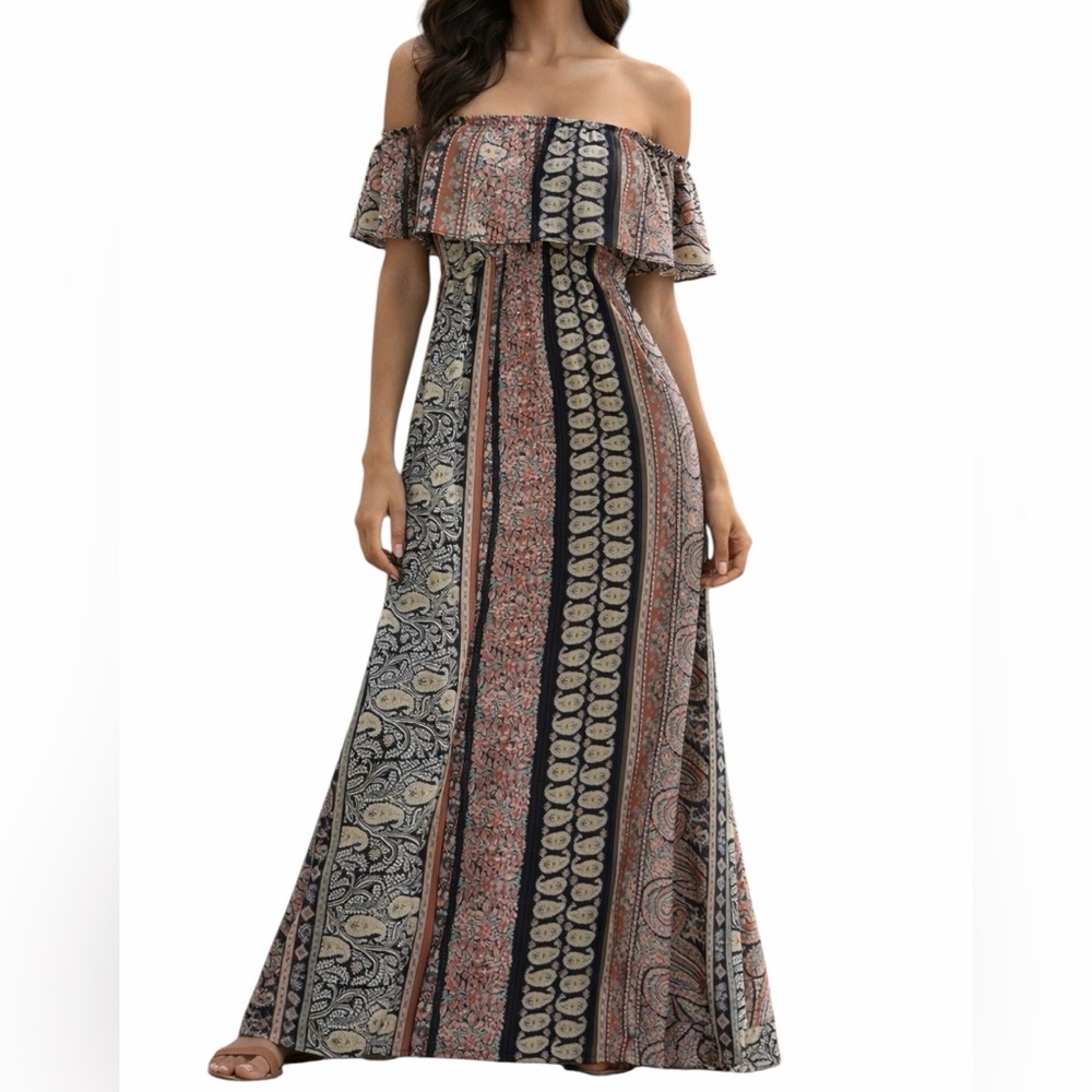 Wet Seal Boho Strapless Ruffle Overlay Maxi Dress L Paisley Lined